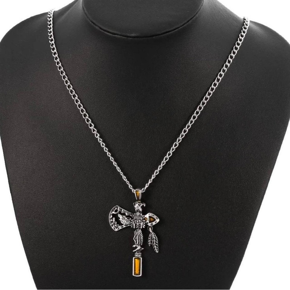 Tribal Tiger's Eye Engraved Totem Nature Tomahawk Hatchet Pendant Necklace